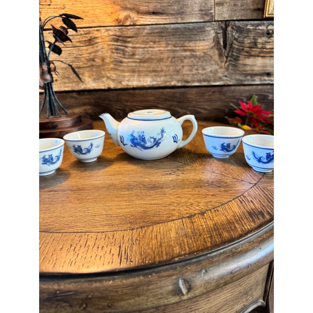 Pier 1 Imports Blue and White Dragon Ceramic Teapot and 4 Tea Cups Set